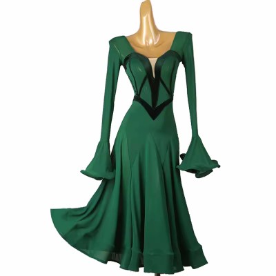 Dark Green black velvet ballroom dance dresses for women girls waltz tango foxtrot smooth dance long gown flare  sleeves for female